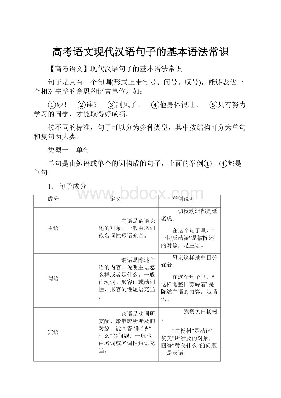 高考语文现代汉语句子的基本语法常识.docx_第1页