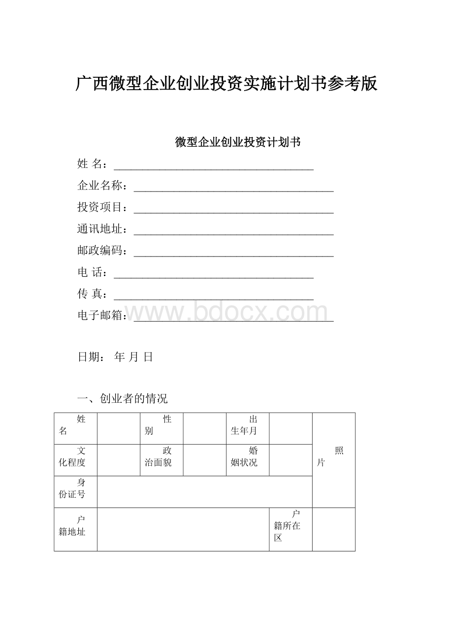 广西微型企业创业投资实施计划书参考版.docx