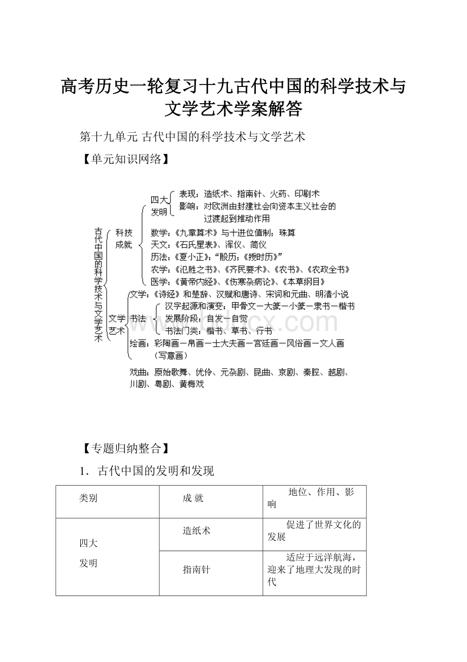 高考历史一轮复习十九古代中国的科学技术与文学艺术学案解答.docx_第1页