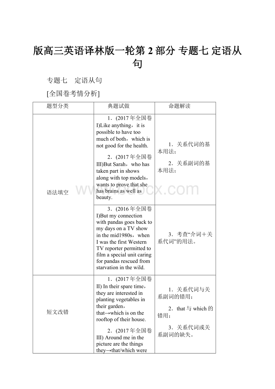 版高三英语译林版一轮第2部分 专题七 定语从句.docx_第1页