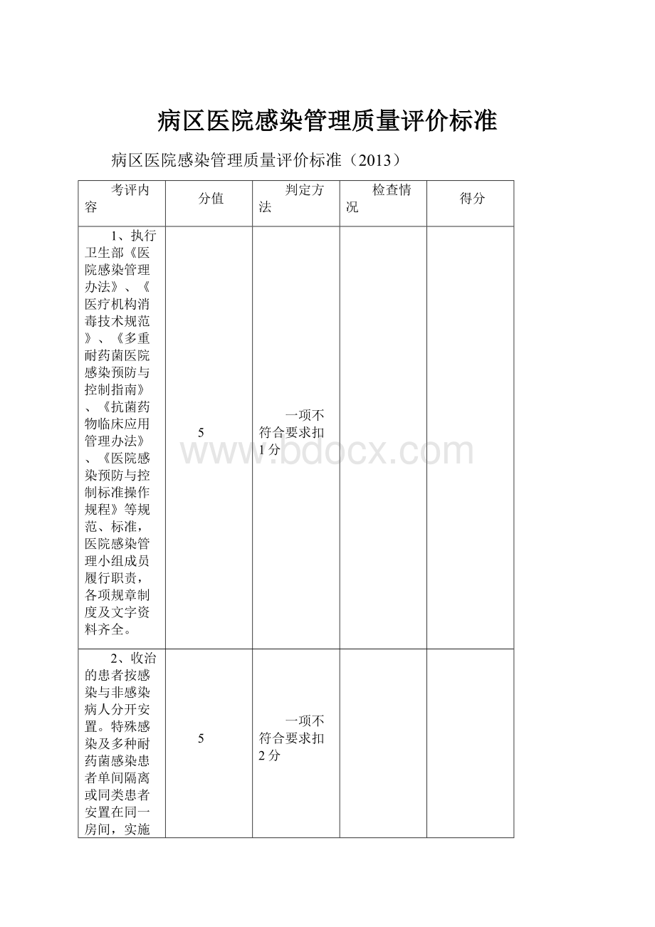 病区医院感染管理质量评价标准.docx_第1页