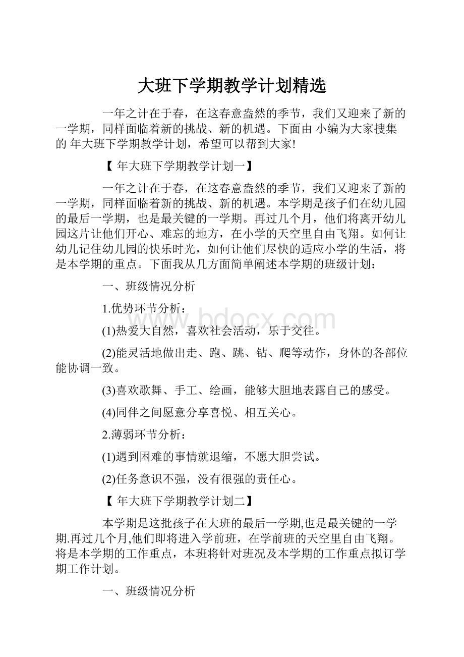 大班下学期教学计划精选.docx