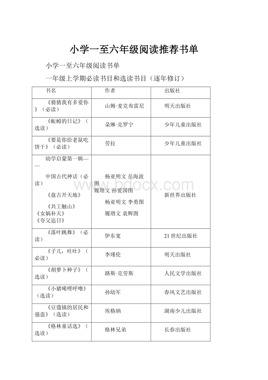 小学一至六年级阅读推荐书单.docx_第1页