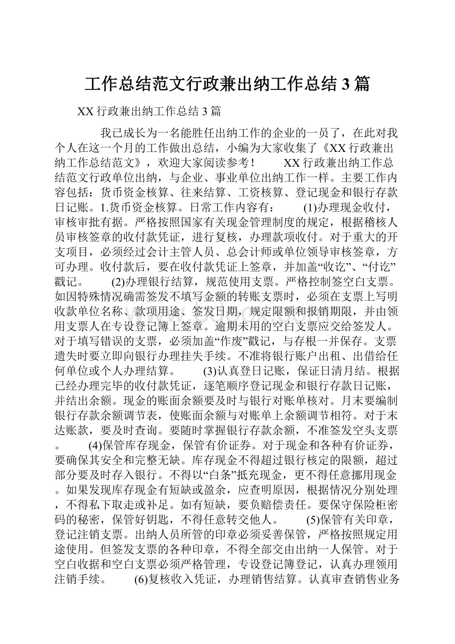 工作总结范文行政兼出纳工作总结3篇.docx