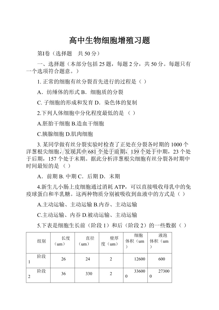 高中生物细胞增殖习题.docx_第1页