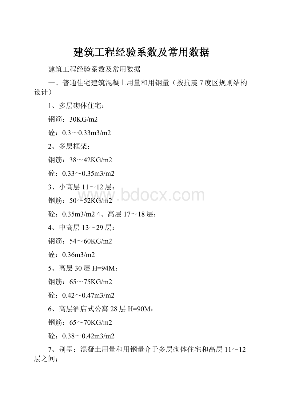 建筑工程经验系数及常用数据.docx