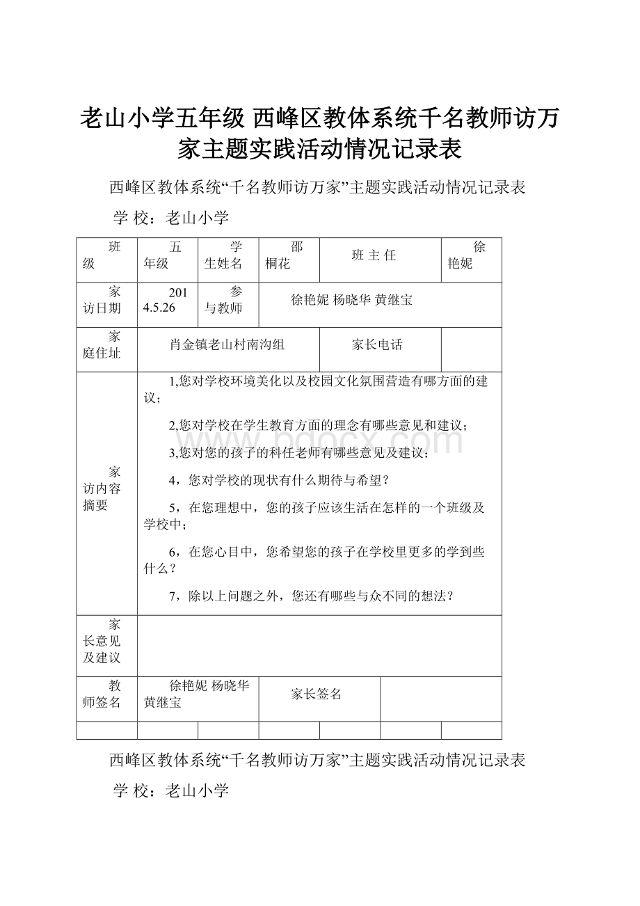 老山小学五年级 西峰区教体系统千名教师访万家主题实践活动情况记录表.docx