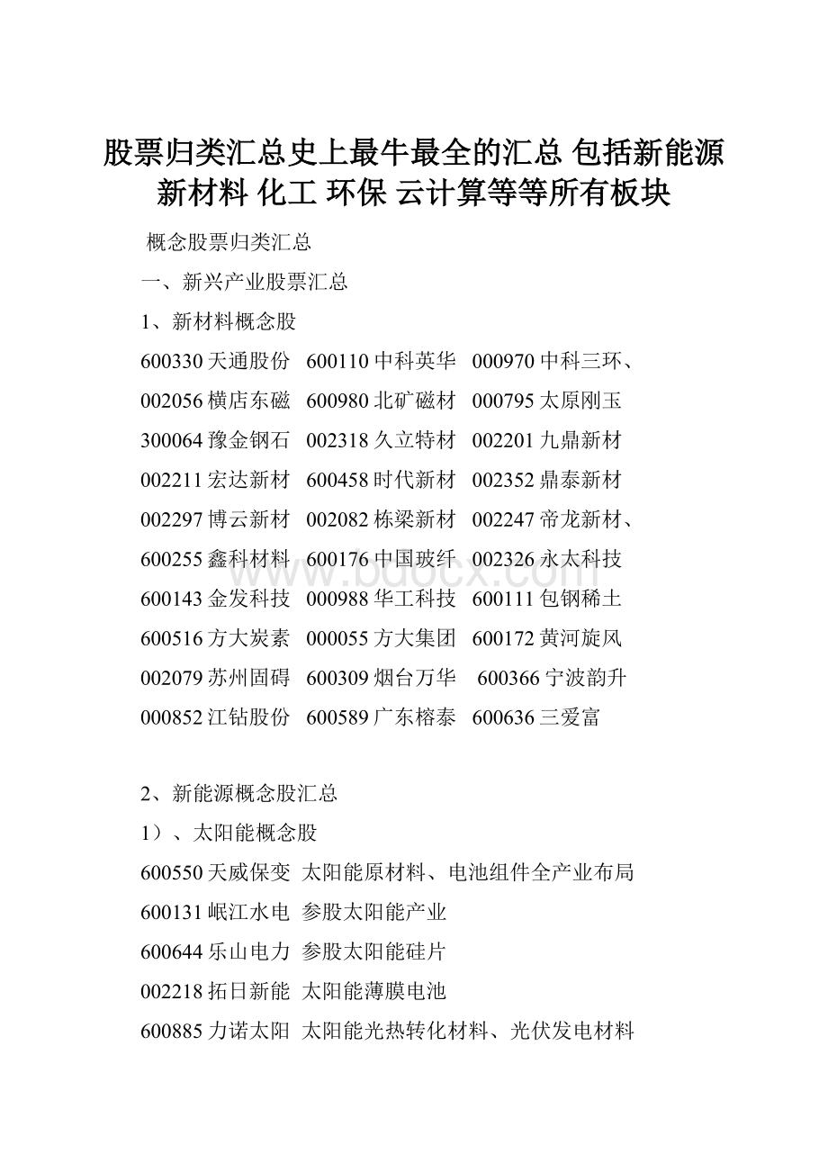 股票归类汇总史上最牛最全的汇总 包括新能源 新材料 化工 环保 云计算等等所有板块.docx