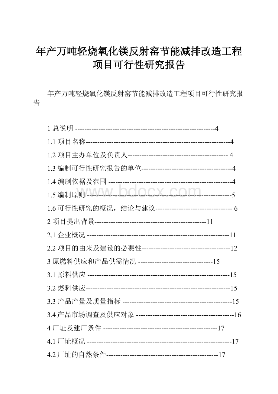 年产万吨轻烧氧化镁反射窑节能减排改造工程项目可行性研究报告.docx_第1页