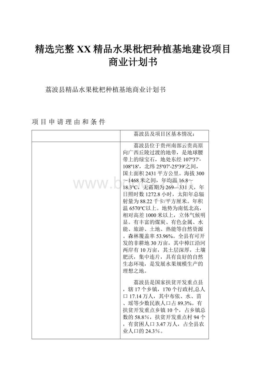 精选完整XX精品水果枇杷种植基地建设项目商业计划书.docx_第1页