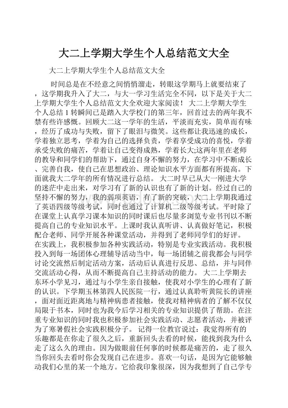 大二上学期大学生个人总结范文大全.docx