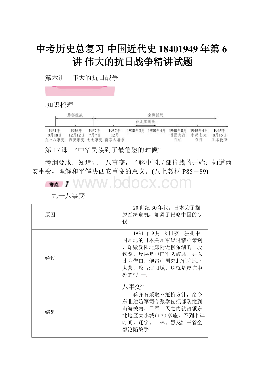 中考历史总复习中国近代史18401949年第6讲 伟大的抗日战争精讲试题.docx