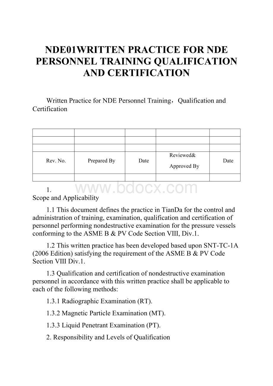 NDE01WRITTEN PRACTICE FOR NDE PERSONNEL TRAINING QUALIFICATION AND CERTIFICATION.docx_第1页
