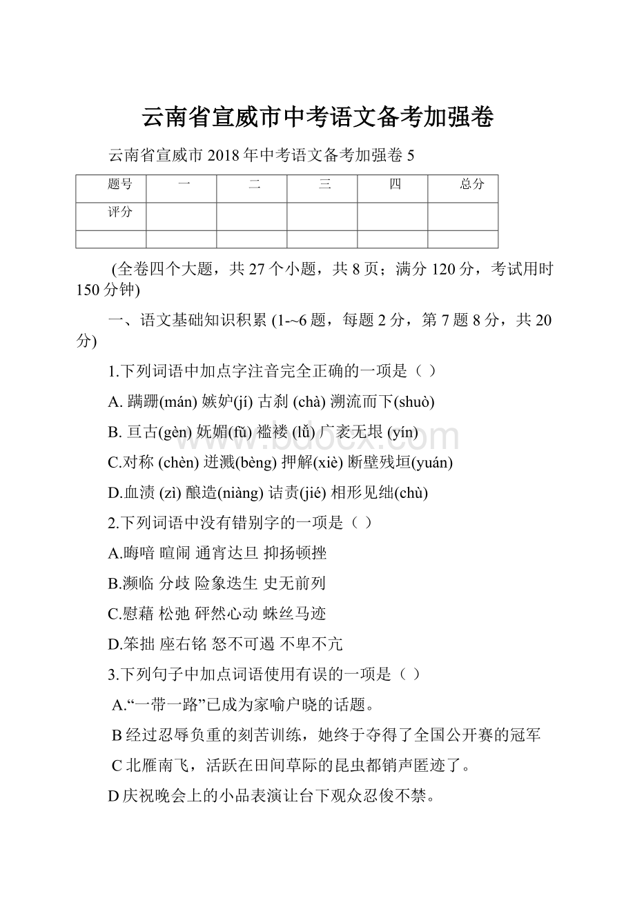 云南省宣威市中考语文备考加强卷.docx