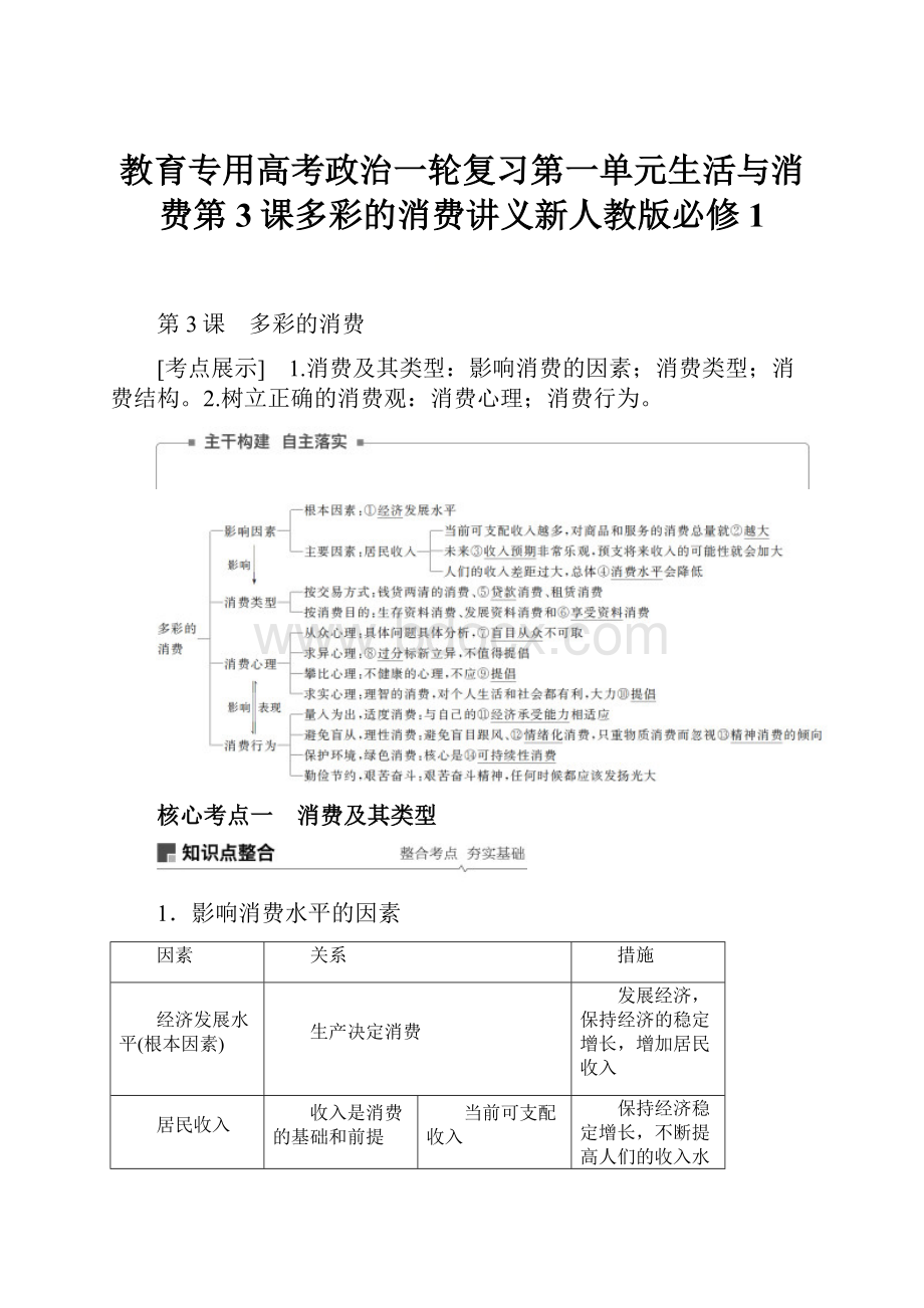 教育专用高考政治一轮复习第一单元生活与消费第3课多彩的消费讲义新人教版必修1.docx