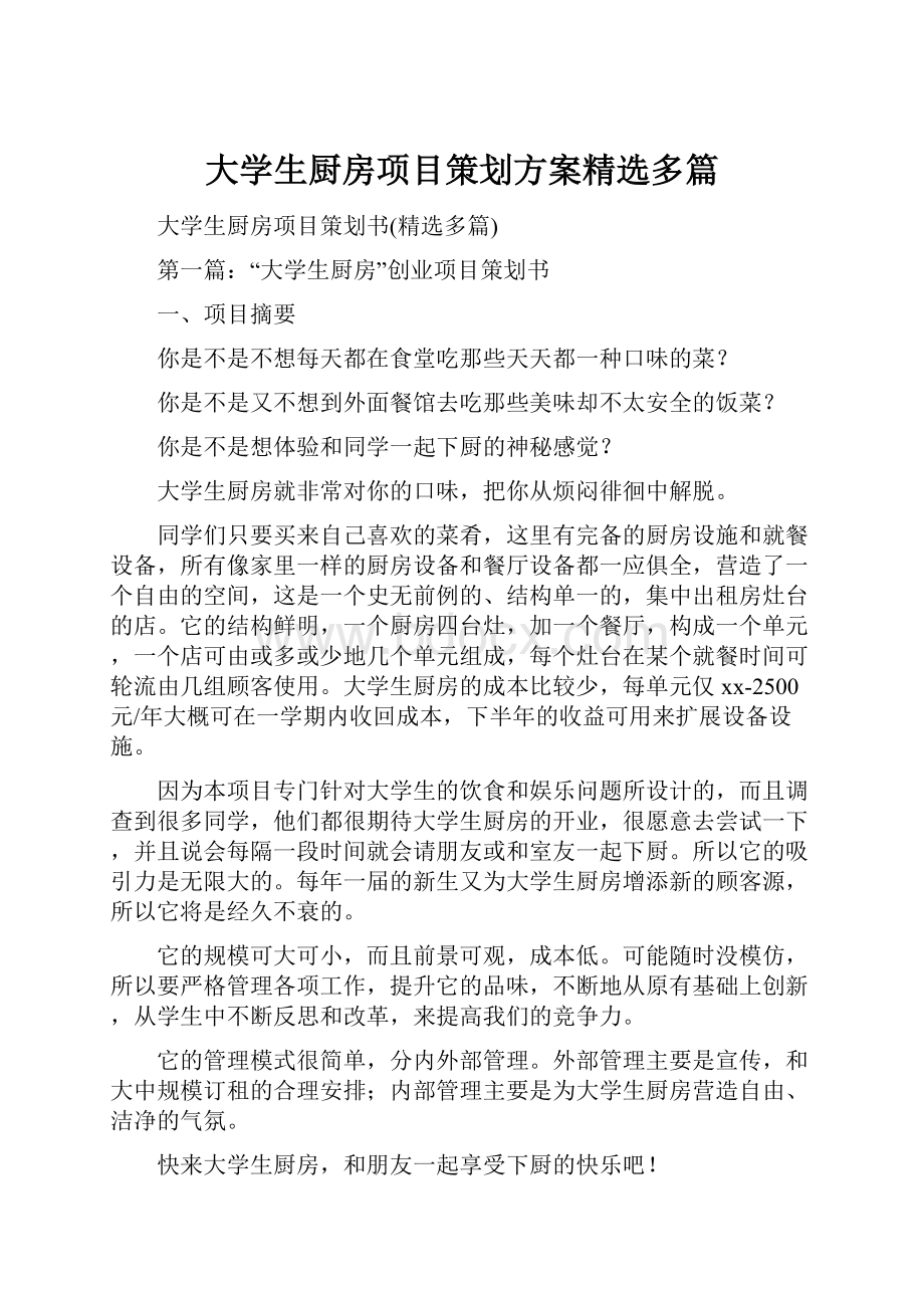 大学生厨房项目策划方案精选多篇.docx