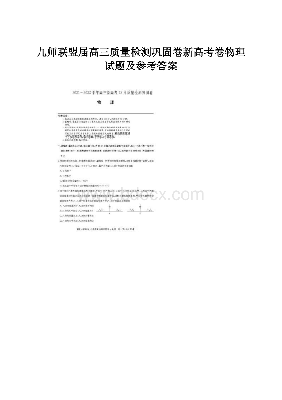 九师联盟届高三质量检测巩固卷新高考卷物理试题及参考答案.docx