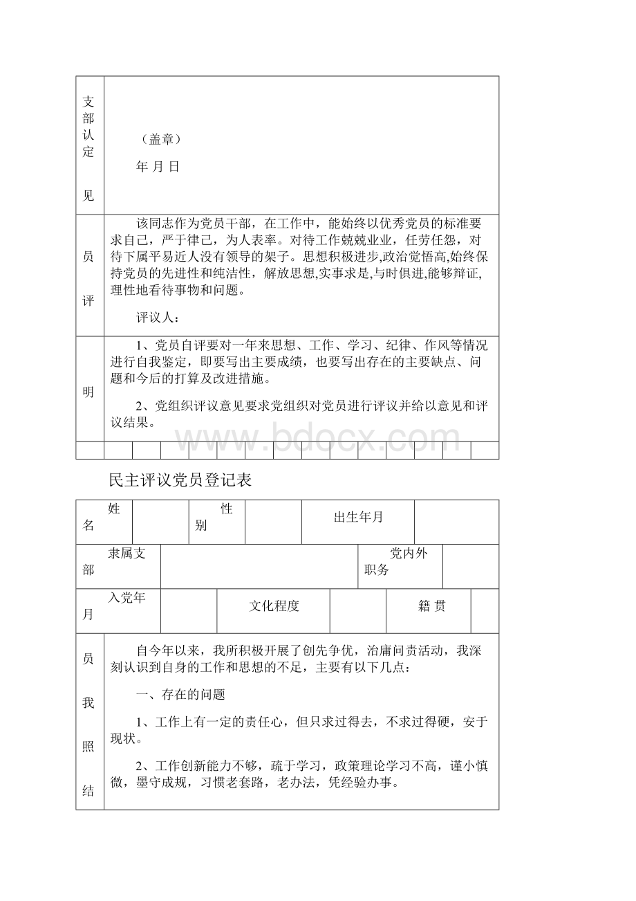 民主评议党员登记表含内容10份.docx_第2页