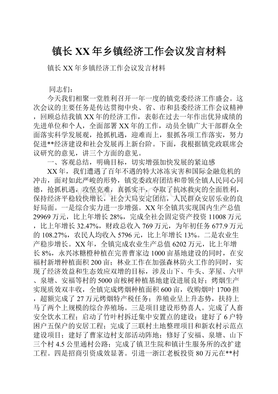 镇长XX年乡镇经济工作会议发言材料.docx_第1页