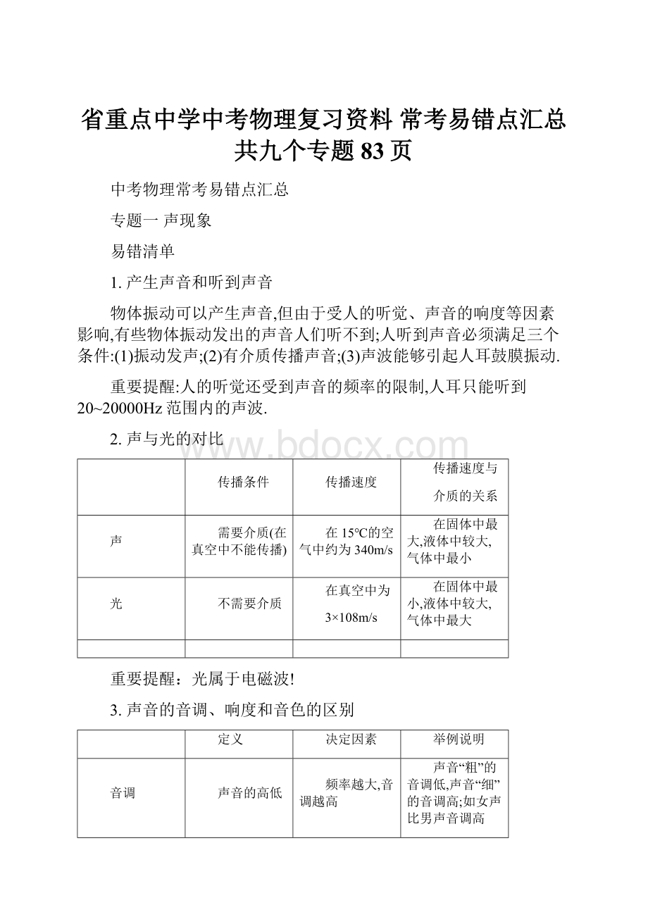 省重点中学中考物理复习资料 常考易错点汇总共九个专题83页.docx