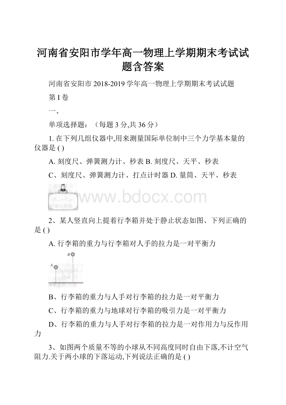 河南省安阳市学年高一物理上学期期末考试试题含答案.docx