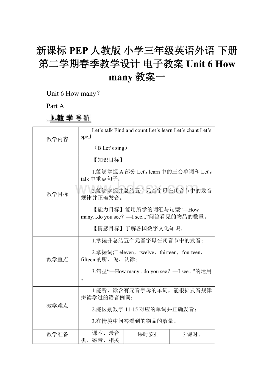 新课标PEP人教版 小学三年级英语外语 下册第二学期春季教学设计 电子教案Unit 6 How many教案一.docx_第1页