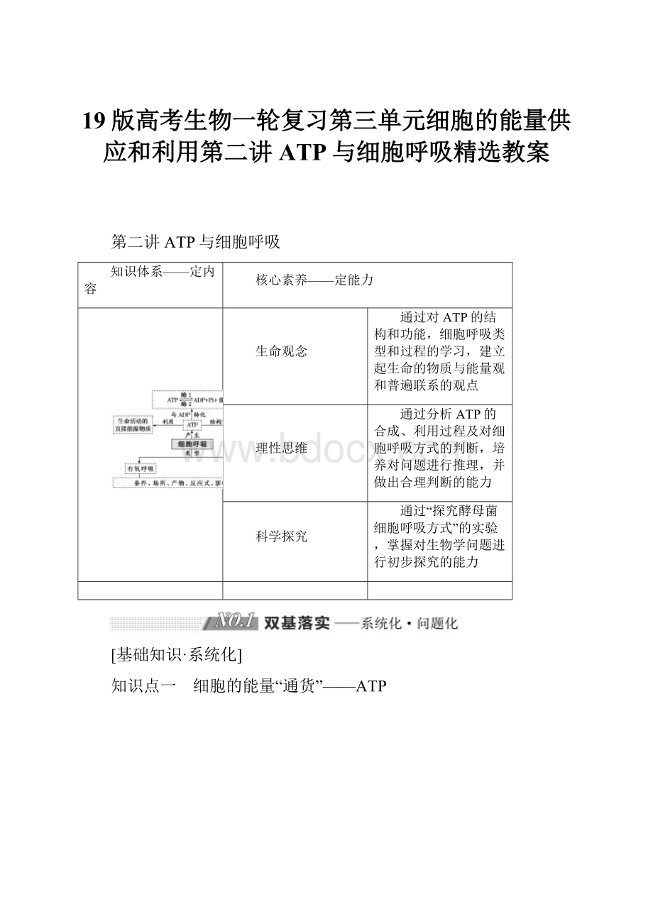 19版高考生物一轮复习第三单元细胞的能量供应和利用第二讲ATP与细胞呼吸精选教案.docx_第1页