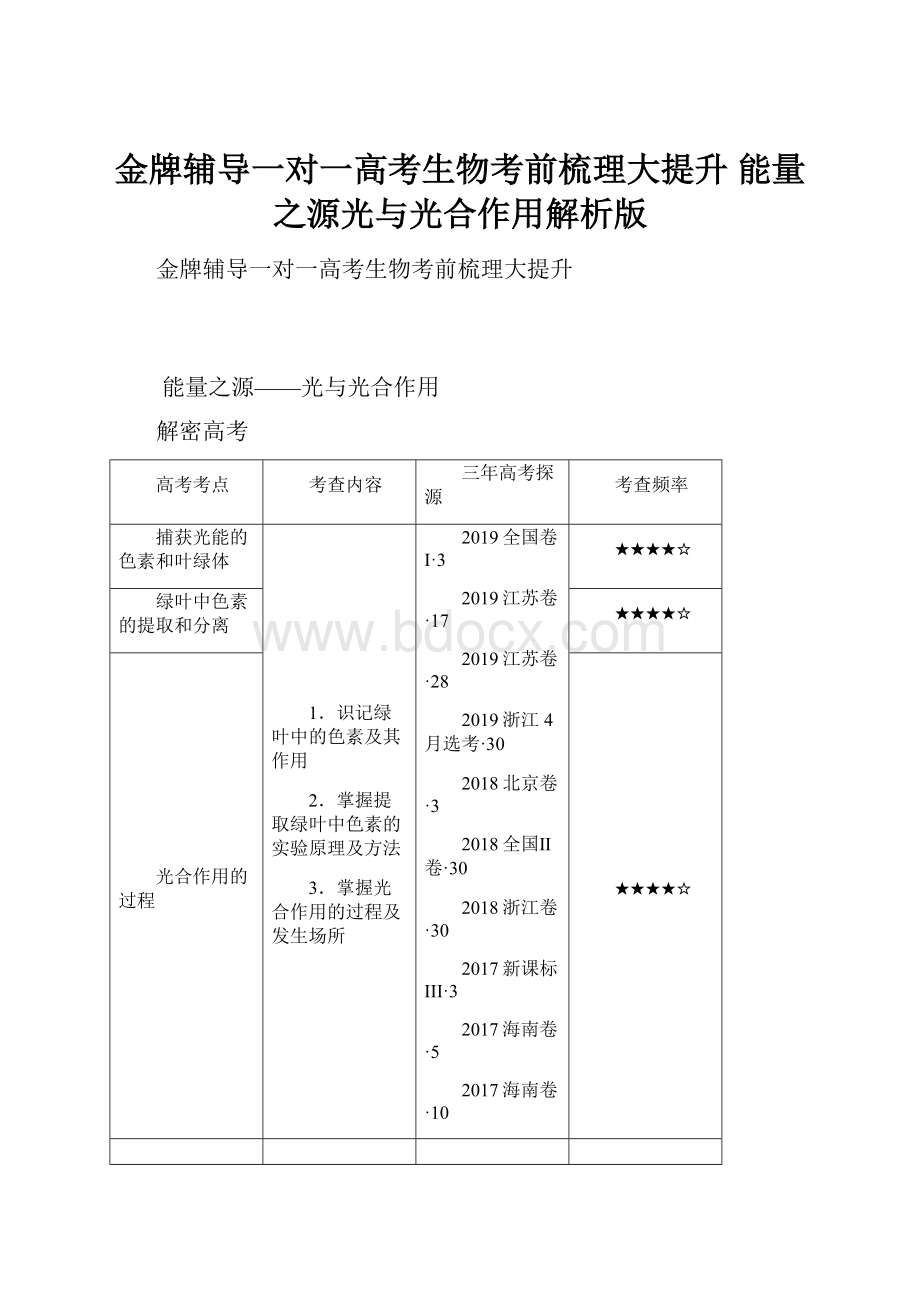 金牌辅导一对一高考生物考前梳理大提升能量之源光与光合作用解析版.docx