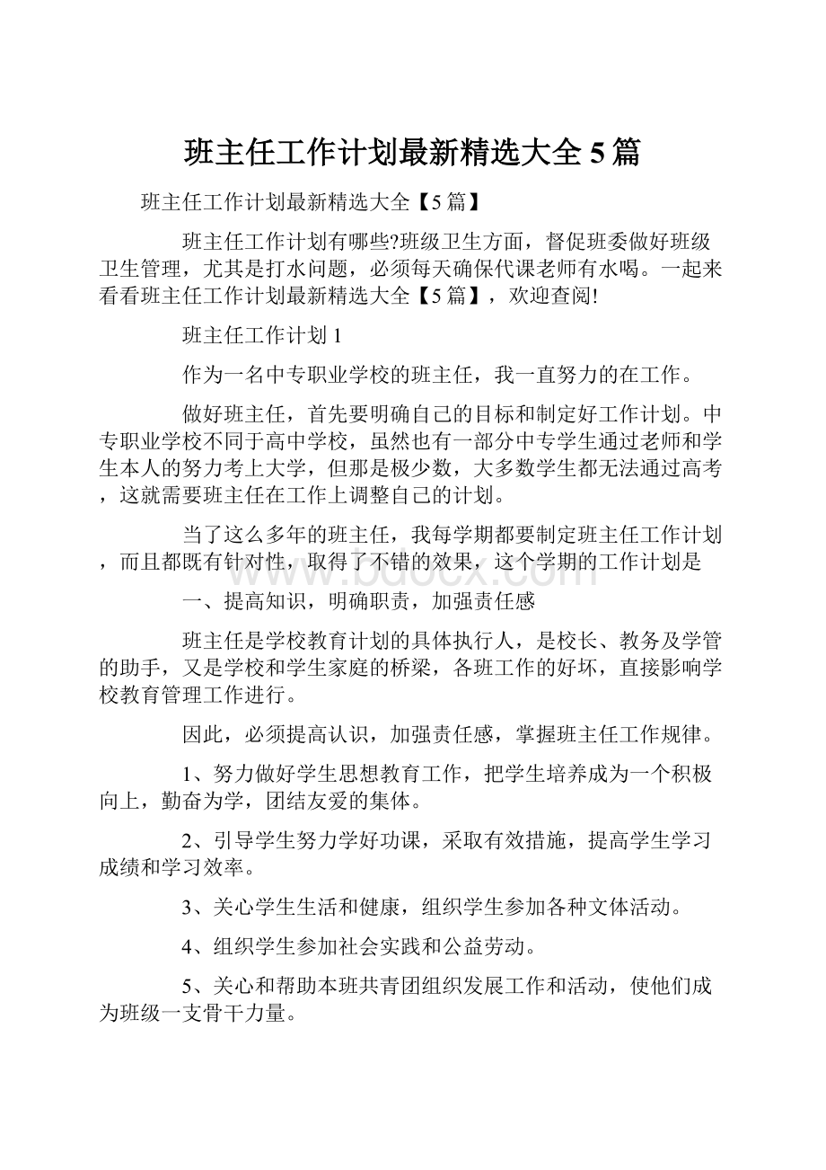 班主任工作计划最新精选大全5篇.docx