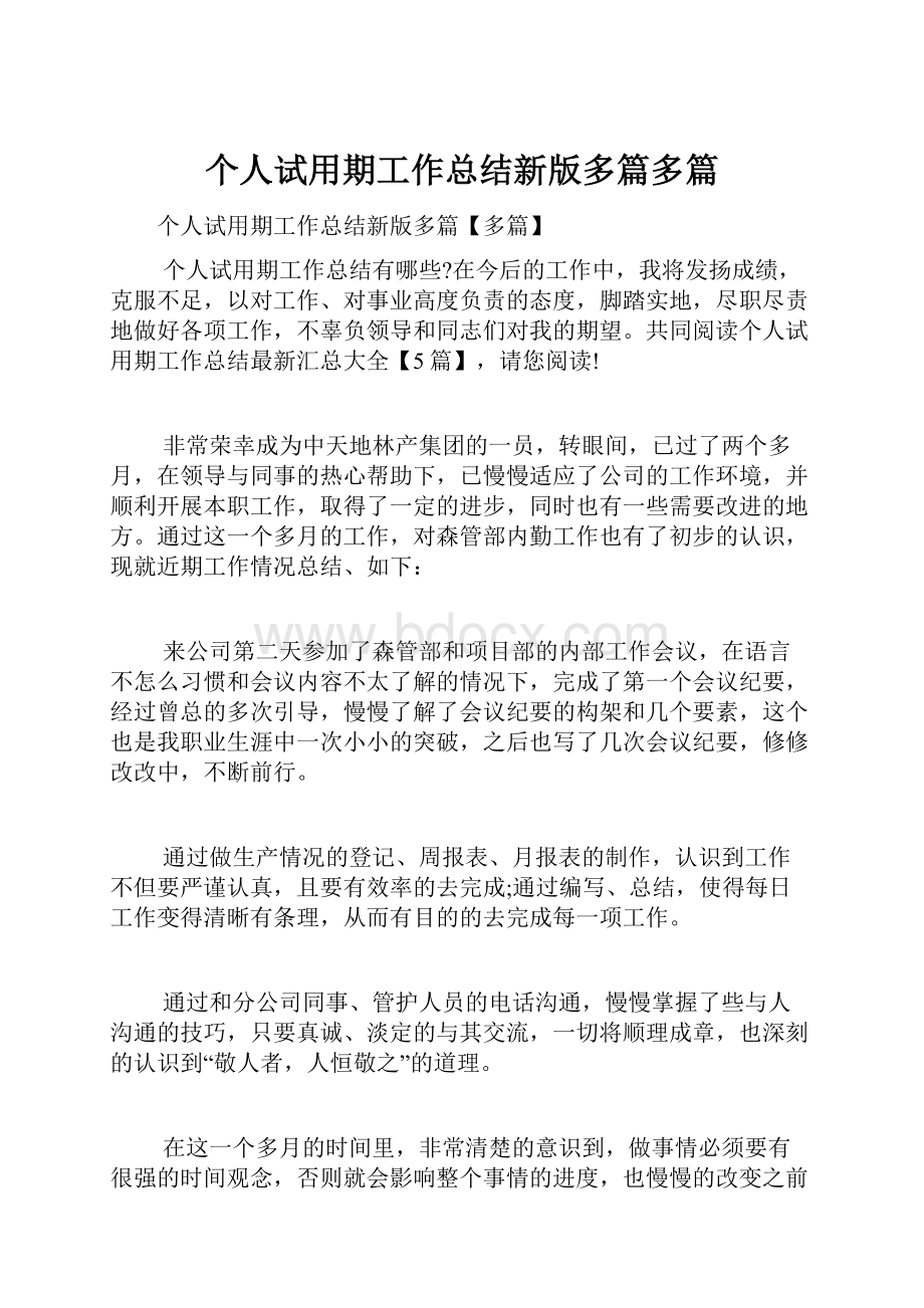 个人试用期工作总结新版多篇多篇.docx_第1页