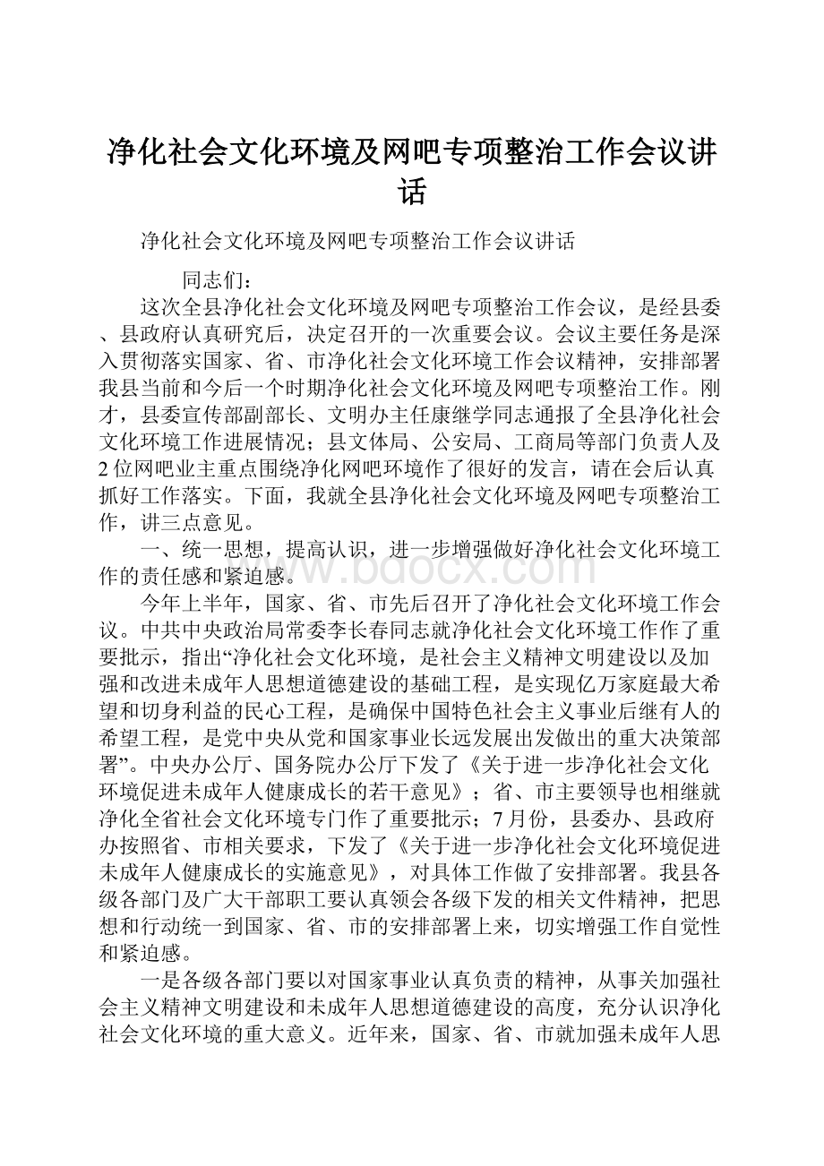 净化社会文化环境及网吧专项整治工作会议讲话.docx_第1页