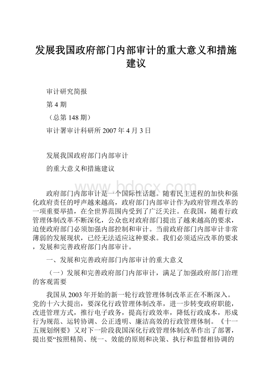 发展我国政府部门内部审计的重大意义和措施建议.docx_第1页