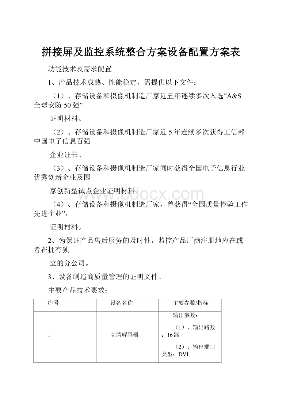 拼接屏及监控系统整合方案设备配置方案表.docx