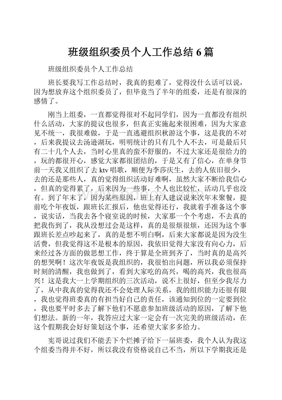 班级组织委员个人工作总结6篇.docx