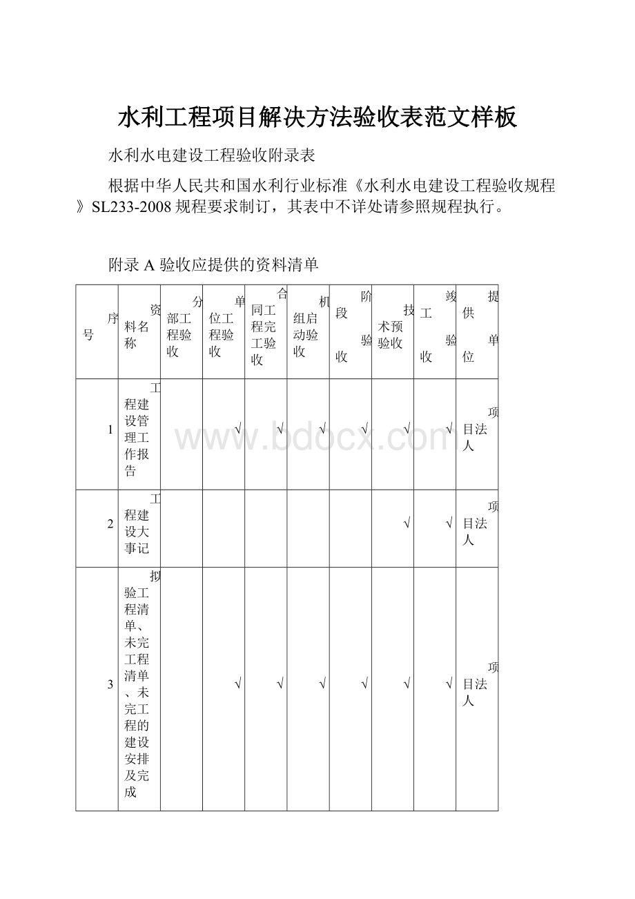 水利工程项目解决方法验收表范文样板.docx