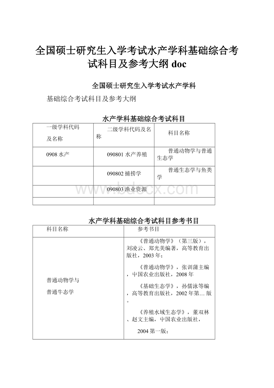 全国硕士研究生入学考试水产学科基础综合考试科目及参考大纲doc.docx