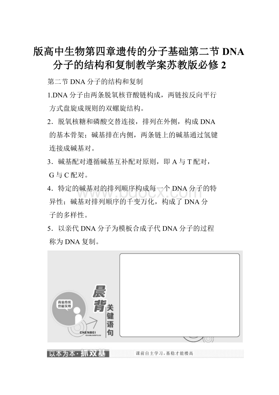 版高中生物第四章遗传的分子基础第二节DNA分子的结构和复制教学案苏教版必修2.docx