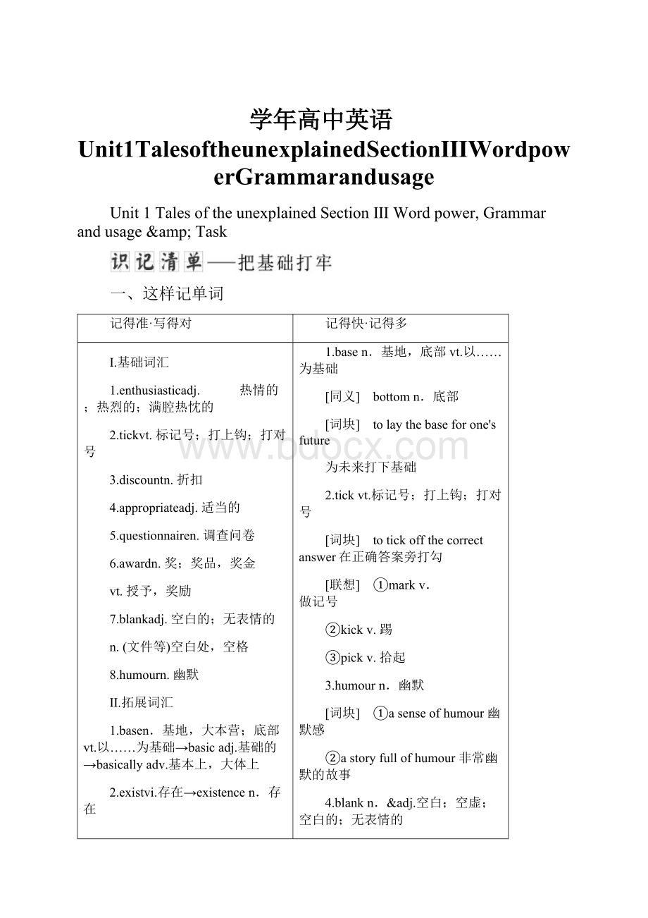 学年高中英语Unit1TalesoftheunexplainedSectionⅢWordpowerGrammarandusage.docx