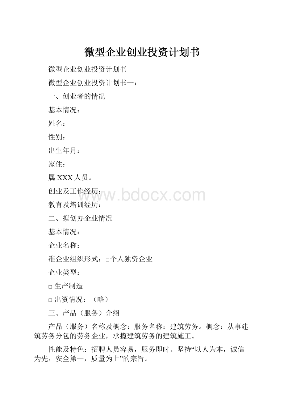 微型企业创业投资计划书.docx