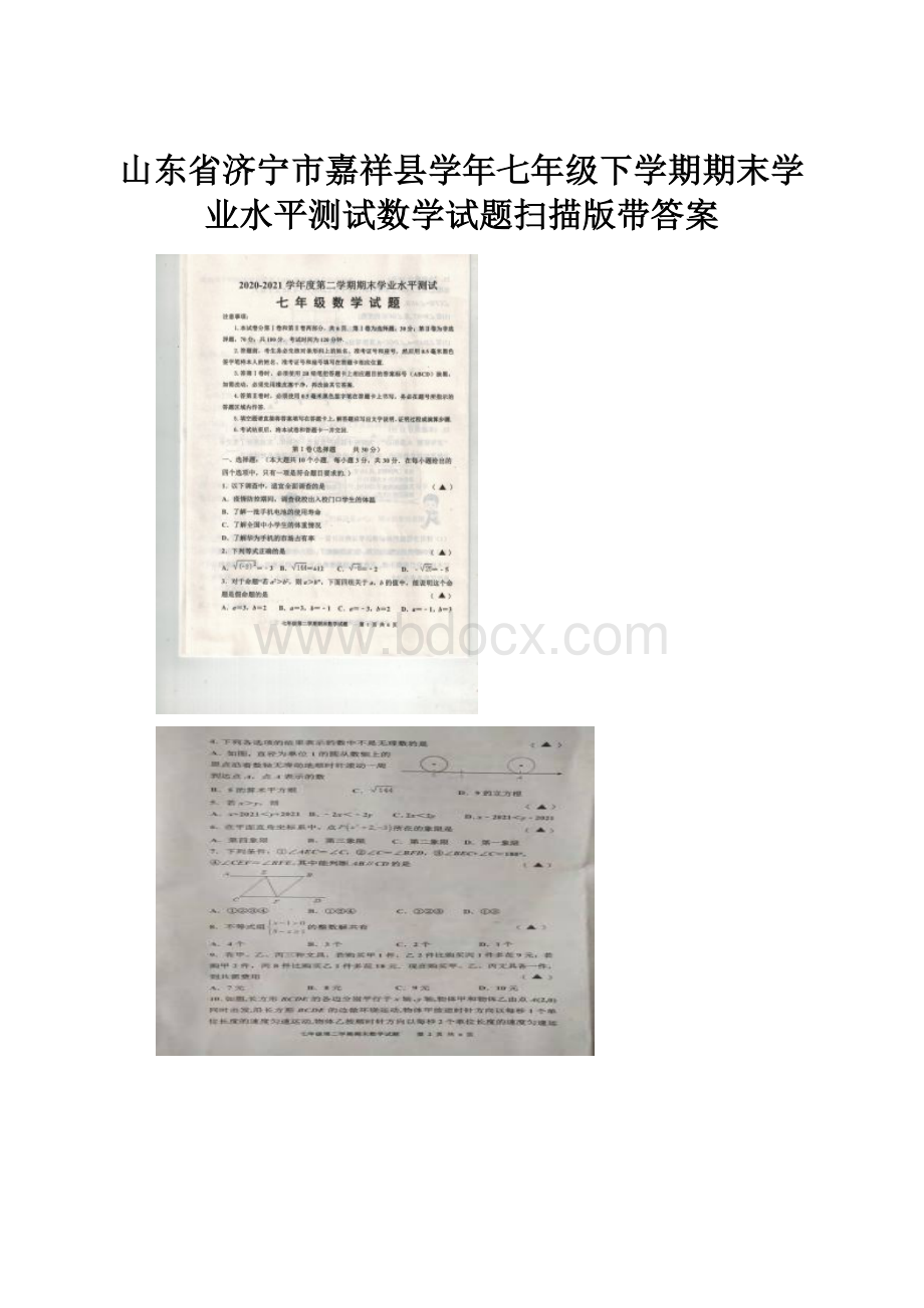 山东省济宁市嘉祥县学年七年级下学期期末学业水平测试数学试题扫描版带答案.docx_第1页