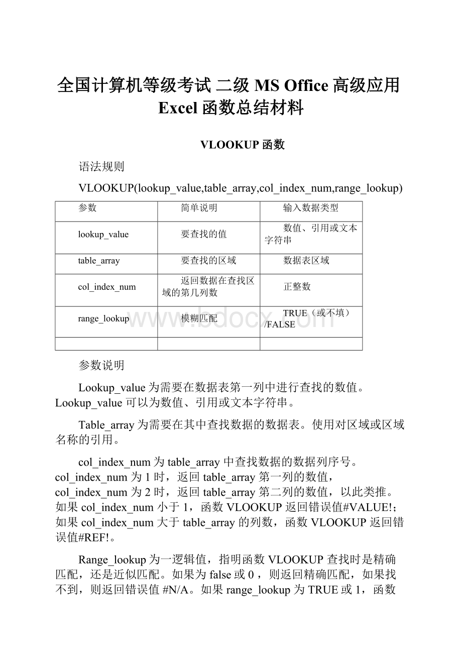 全国计算机等级考试 二级MS Office高级应用Excel函数总结材料.docx