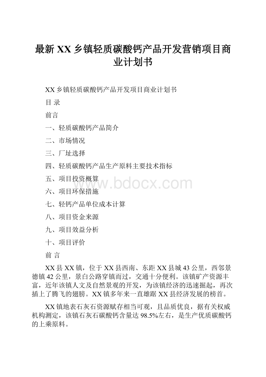 最新XX乡镇轻质碳酸钙产品开发营销项目商业计划书.docx_第1页