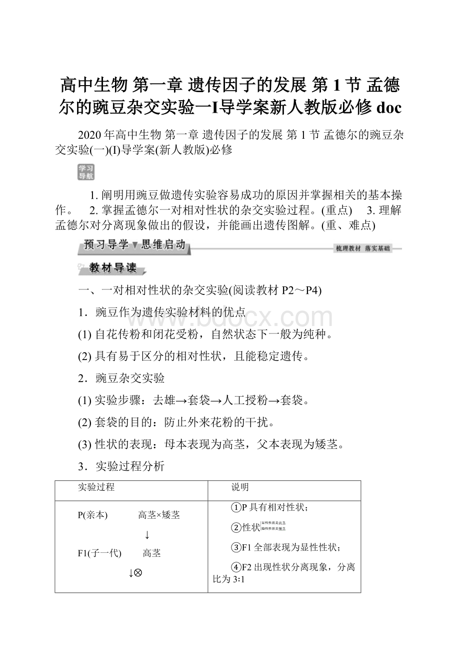 高中生物 第一章 遗传因子的发展 第1节 孟德尔的豌豆杂交实验一Ⅰ导学案新人教版必修doc.docx