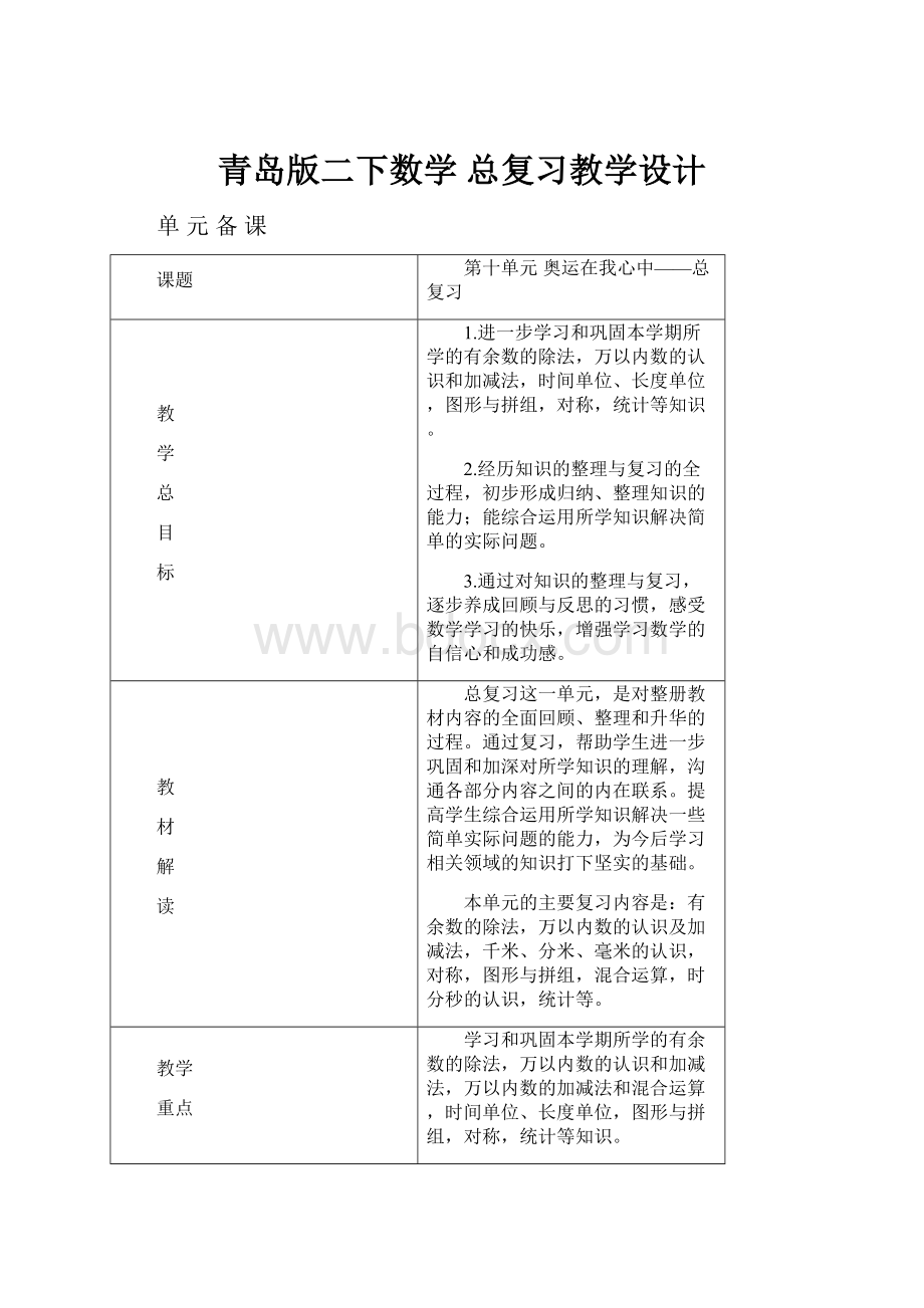 青岛版二下数学 总复习教学设计.docx_第1页