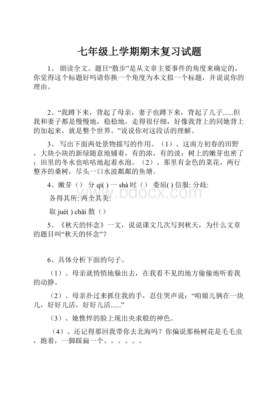 七年级上学期期末复习试题.docx_第1页