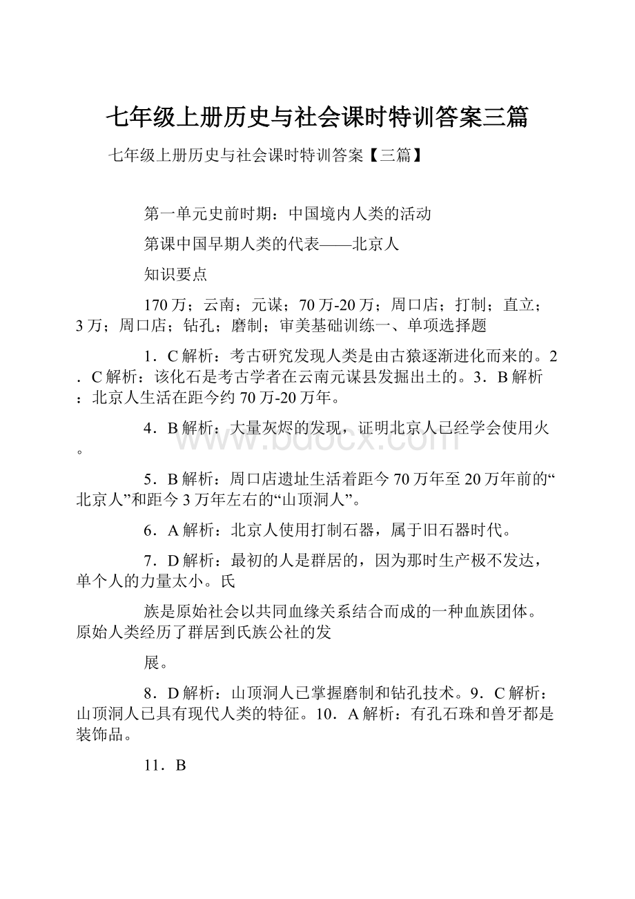 七年级上册历史与社会课时特训答案三篇.docx