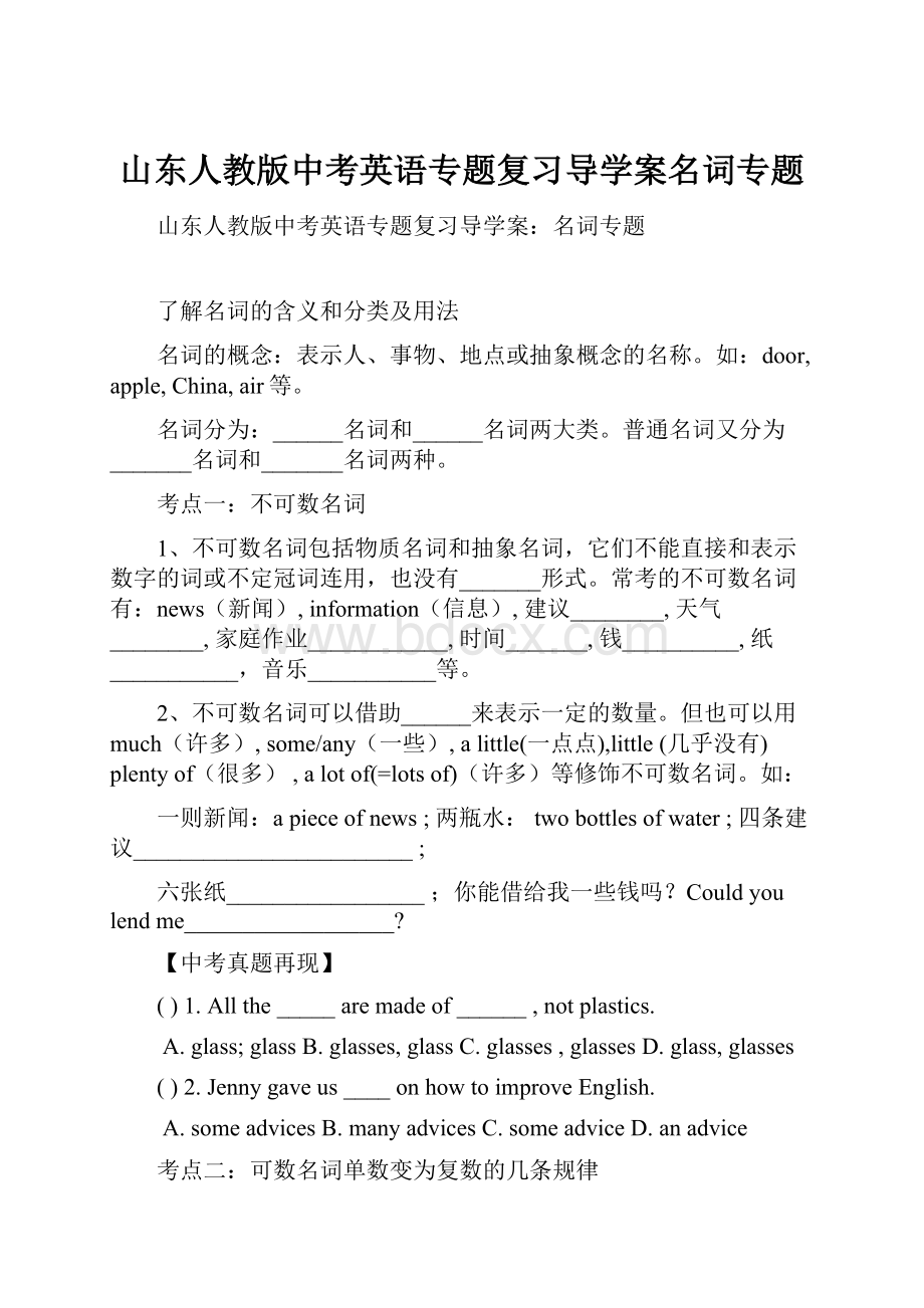 山东人教版中考英语专题复习导学案名词专题.docx_第1页