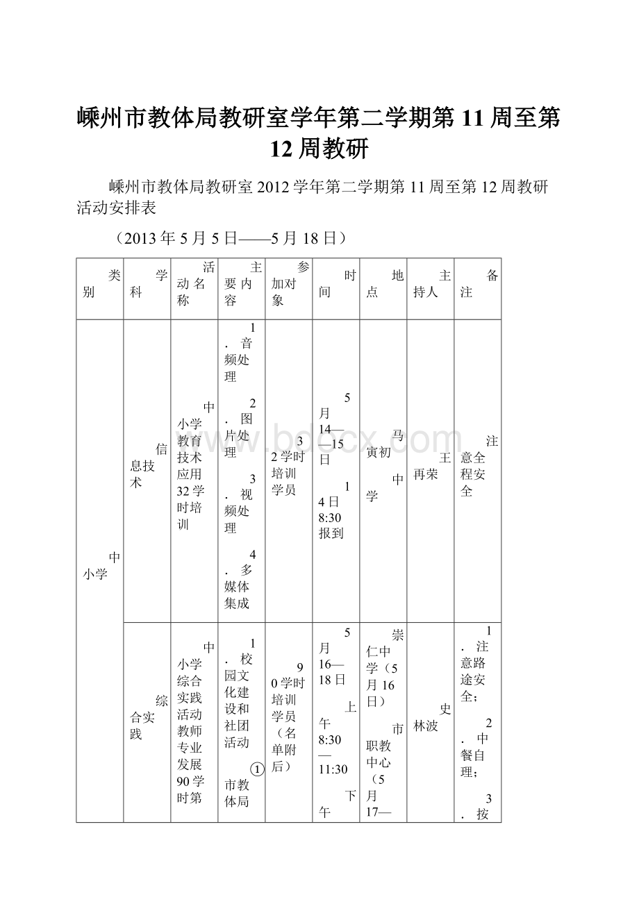 嵊州市教体局教研室学年第二学期第11周至第12周教研.docx