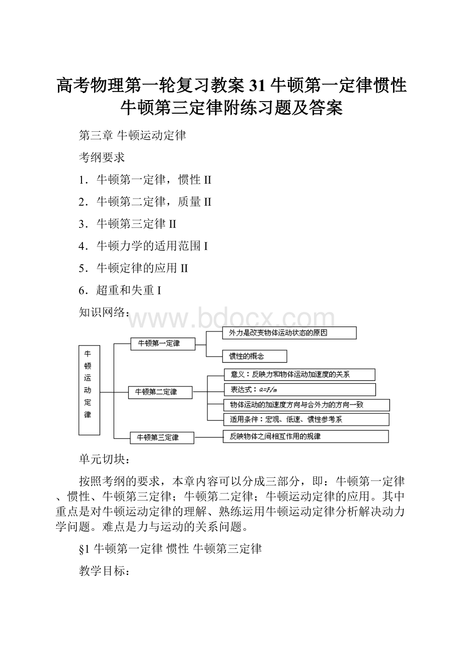 高考物理第一轮复习教案31牛顿第一定律惯性牛顿第三定律附练习题及答案.docx