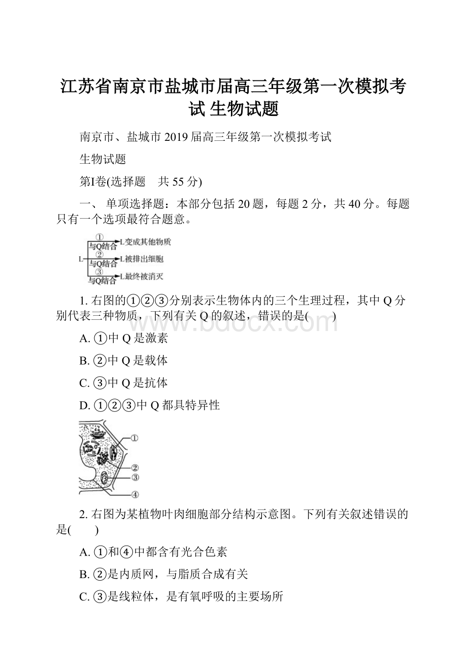 江苏省南京市盐城市届高三年级第一次模拟考试 生物试题.docx_第1页